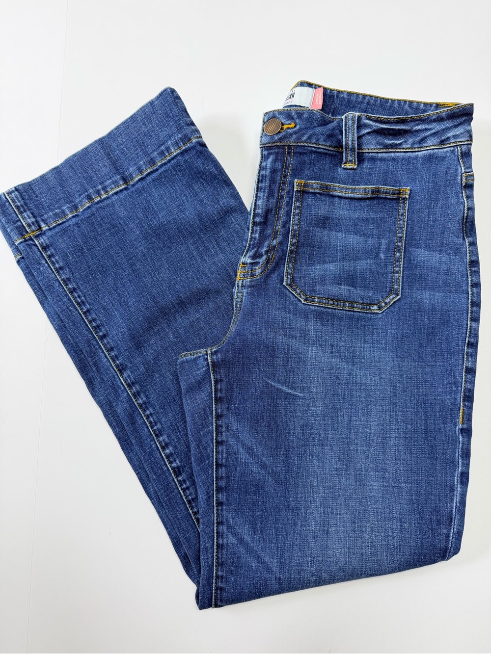 CAbi Patch Pocket Jeans Size 12 Wide Leg Ankle Denim Stretch Dark Wash